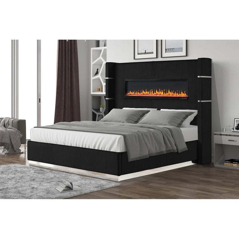 Modern Upholstered Bed with Fireplace | Velvet Luxury Bedframe - Grand Furniture GA
